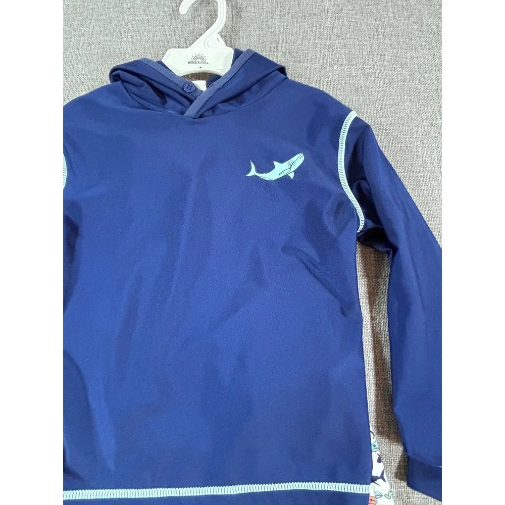 WONDERLUXE Rash Guard Hoodie and Swim Trunks Set Shark Navy Blue UPF 50+ Boys 4T